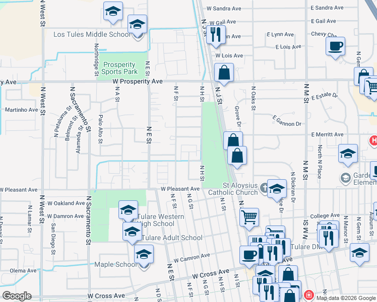 map of restaurants, bars, coffee shops, grocery stores, and more near 2 West Tulare Avenue in Tulare