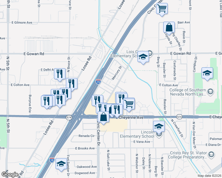 map of restaurants, bars, coffee shops, grocery stores, and more near in North Las Vegas
