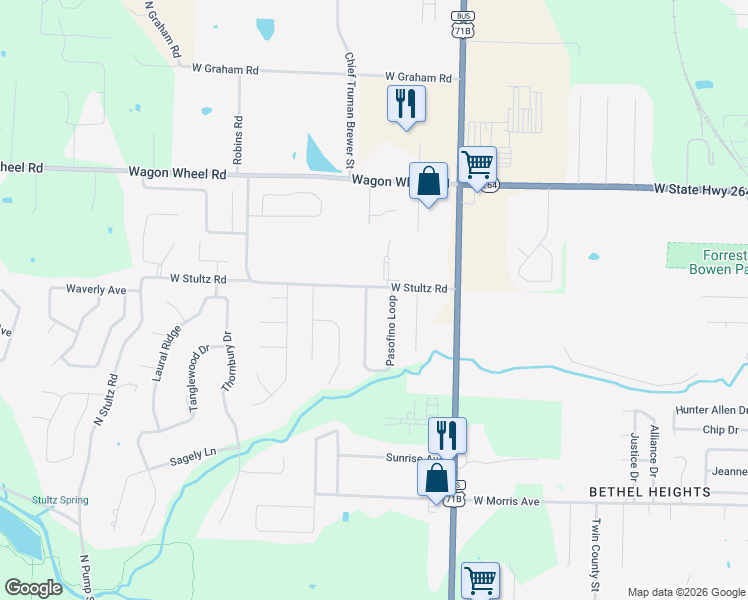 map of restaurants, bars, coffee shops, grocery stores, and more near 3498 Pasofino Loop in Springdale