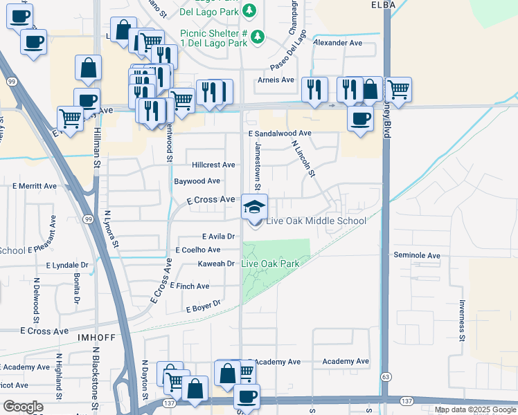 map of restaurants, bars, coffee shops, grocery stores, and more near 1737 East Cross Avenue in Tulare