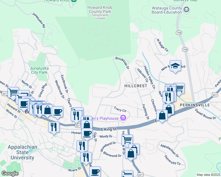 map of restaurants, bars, coffee shops, grocery stores, and more near 393 Glendale Drive in Boone