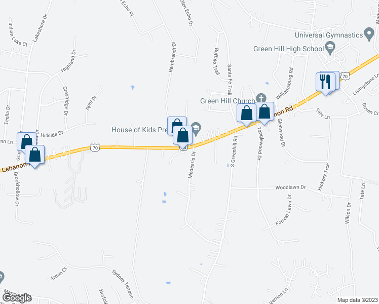 map of restaurants, bars, coffee shops, grocery stores, and more near 102 Medearis Drive in Mount Juliet