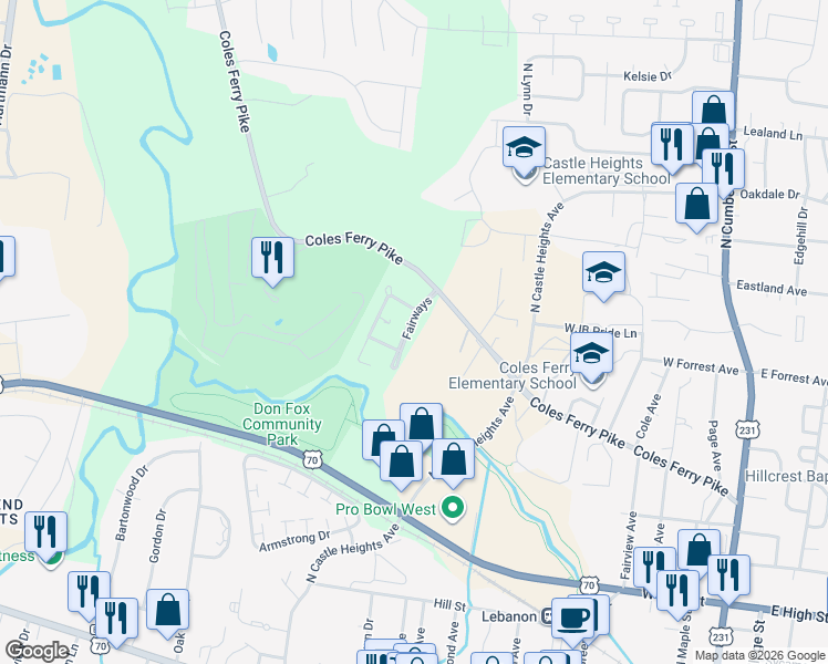 map of restaurants, bars, coffee shops, grocery stores, and more near 1153 Fairways in Lebanon