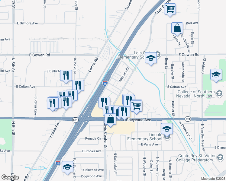 map of restaurants, bars, coffee shops, grocery stores, and more near 2100 Venus Avenue in North Las Vegas