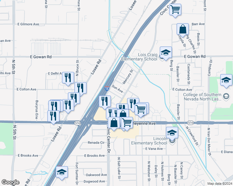 map of restaurants, bars, coffee shops, grocery stores, and more near 2100 Venus Avenue in North Las Vegas