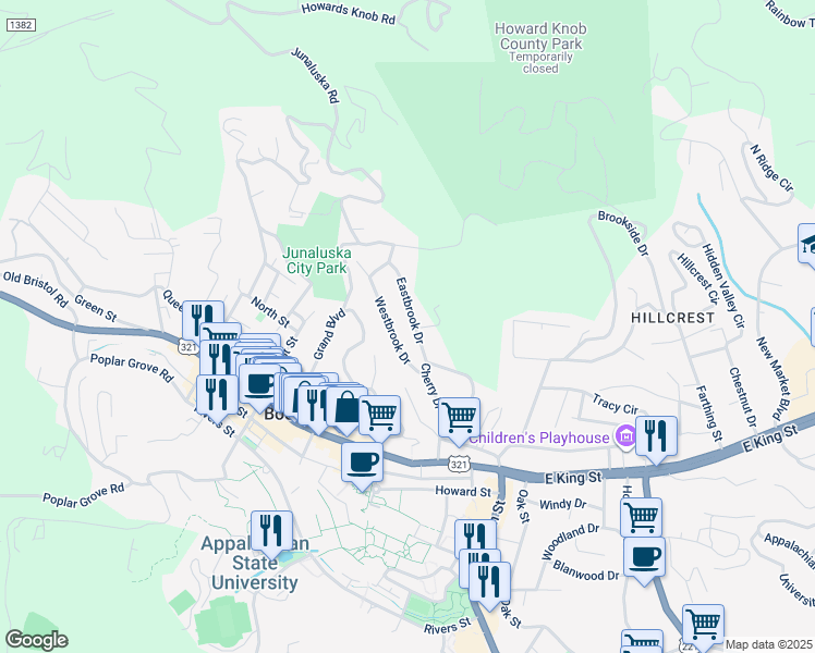 map of restaurants, bars, coffee shops, grocery stores, and more near 185 Eastbrook Drive in Boone