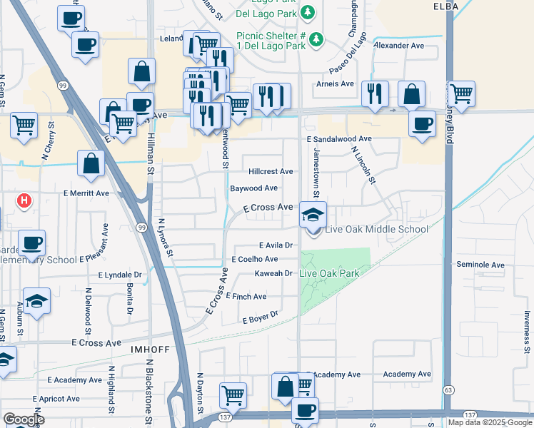 map of restaurants, bars, coffee shops, grocery stores, and more near 1563 East Cross Avenue in Tulare