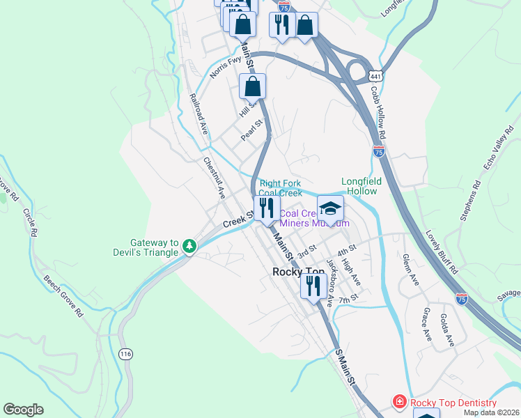map of restaurants, bars, coffee shops, grocery stores, and more near South Main Street in Rocky Top