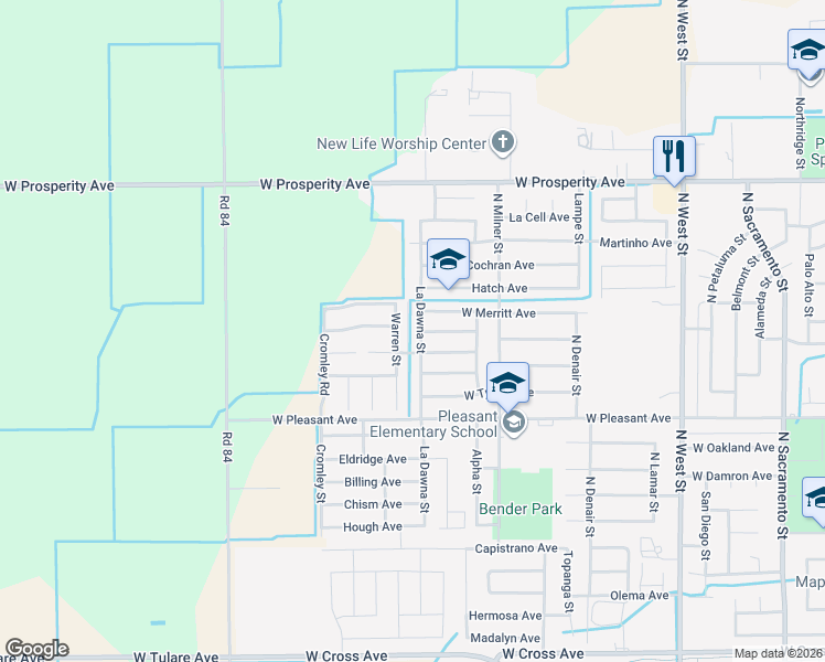 map of restaurants, bars, coffee shops, grocery stores, and more near 2200 Poppy View Avenue in Tulare