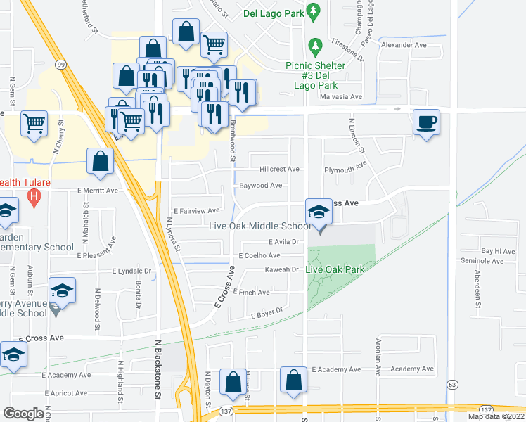 map of restaurants, bars, coffee shops, grocery stores, and more near 1535 East Cross Avenue in Tulare