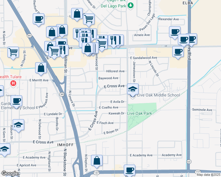 map of restaurants, bars, coffee shops, grocery stores, and more near 1545 East Cross Avenue in Tulare