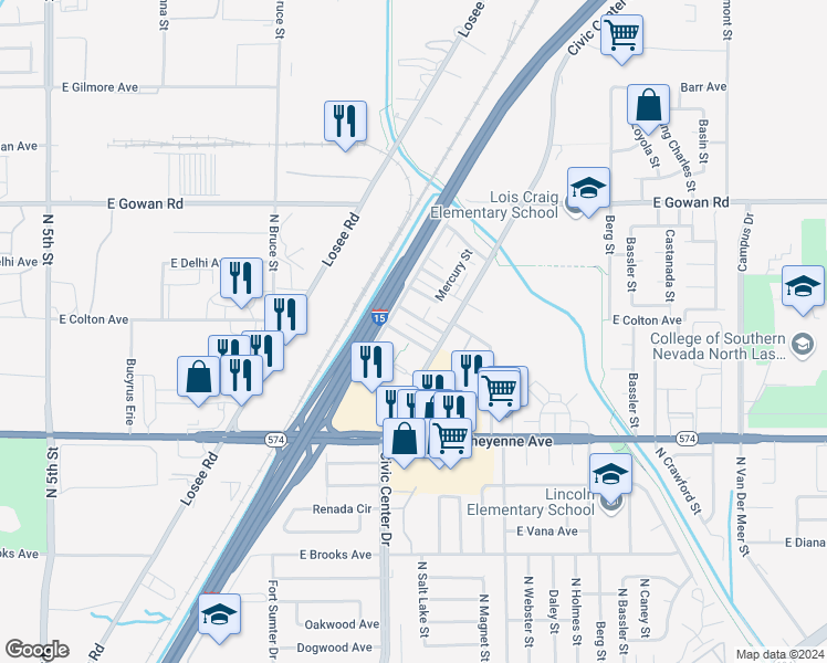 map of restaurants, bars, coffee shops, grocery stores, and more near 14 Venus Avenue in North Las Vegas