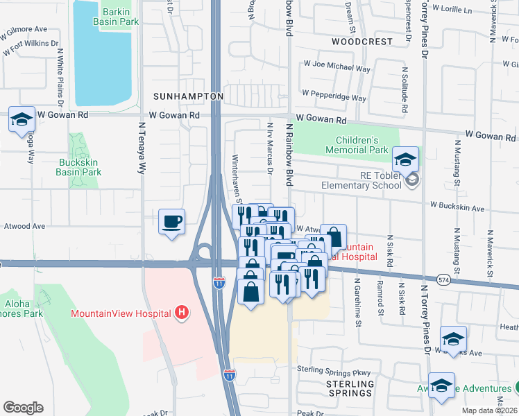 map of restaurants, bars, coffee shops, grocery stores, and more near 6801 West Selkirk Circle in Las Vegas