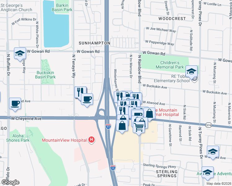 map of restaurants, bars, coffee shops, grocery stores, and more near 3309 Winterhaven Street in Las Vegas