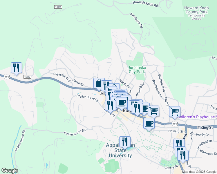 map of restaurants, bars, coffee shops, grocery stores, and more near 136 North Water Street in Boone