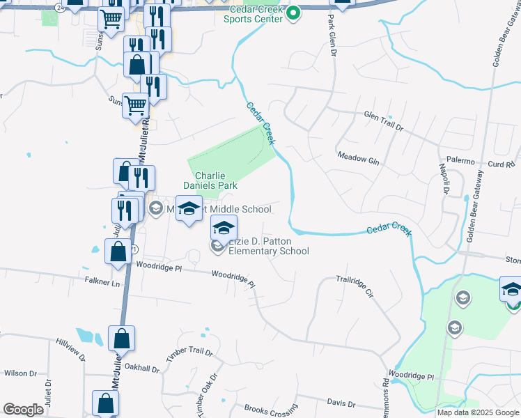 map of restaurants, bars, coffee shops, grocery stores, and more near 1040 Charlie Daniels Parkway in Mt. Juliet