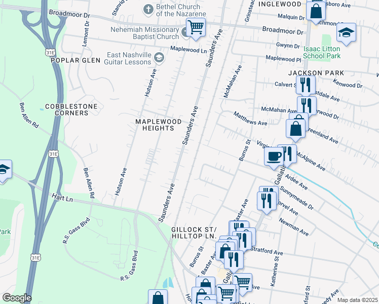 map of restaurants, bars, coffee shops, grocery stores, and more near 1026B Horseshoe Drive in Nashville
