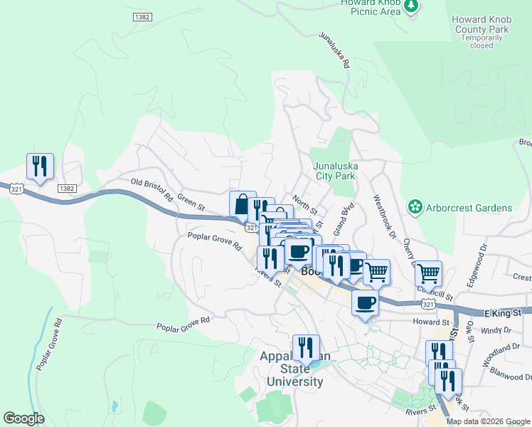 map of restaurants, bars, coffee shops, grocery stores, and more near 136 North Water Street in Boone