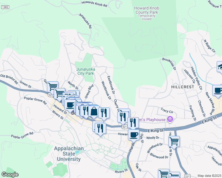 map of restaurants, bars, coffee shops, grocery stores, and more near 185 Eastbrook Drive in Boone