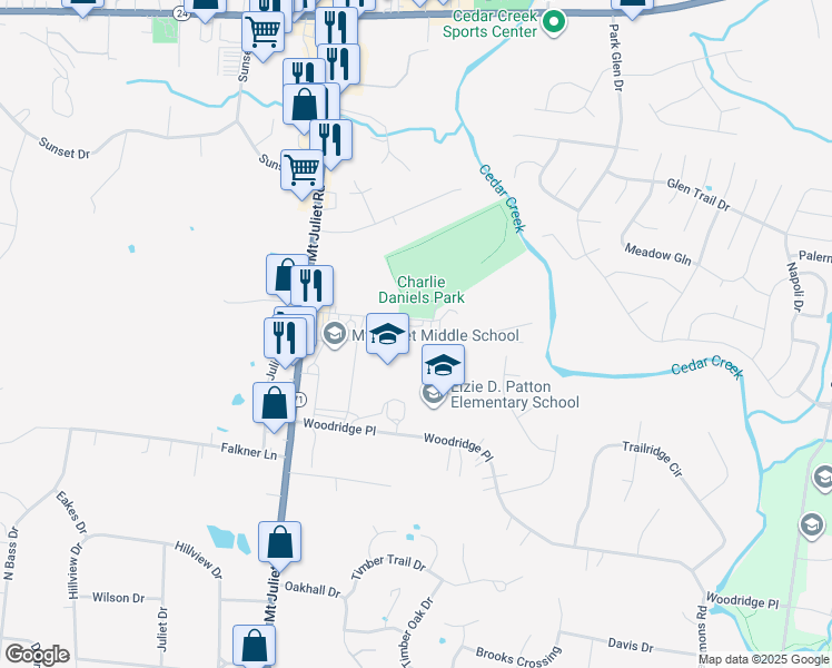 map of restaurants, bars, coffee shops, grocery stores, and more near 1020 Charlie Daniels Parkway in Mt. Juliet