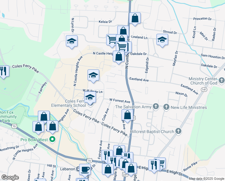 map of restaurants, bars, coffee shops, grocery stores, and more near 223 Westview Avenue in Lebanon
