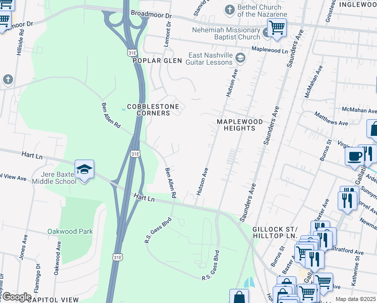 map of restaurants, bars, coffee shops, grocery stores, and more near 3815 Picture Ridge Terrace in Nashville