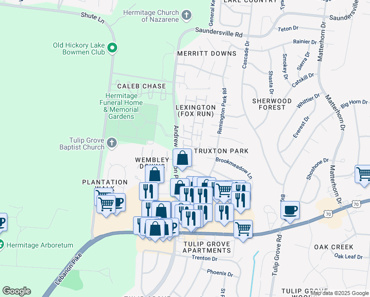 map of restaurants, bars, coffee shops, grocery stores, and more near 4779 Andrew Jackson Parkway in Nashville