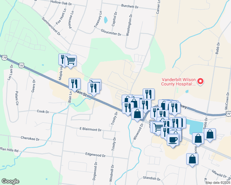 map of restaurants, bars, coffee shops, grocery stores, and more near 106 Carver Lane in Lebanon