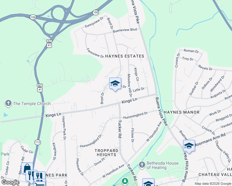 map of restaurants, bars, coffee shops, grocery stores, and more near 3200 Kings Lane in Nashville