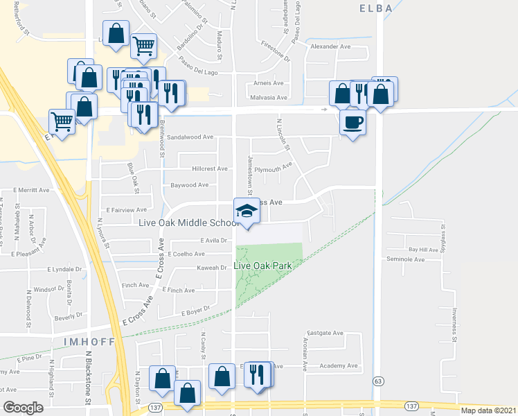 map of restaurants, bars, coffee shops, grocery stores, and more near 1761 East Cross Avenue in Tulare