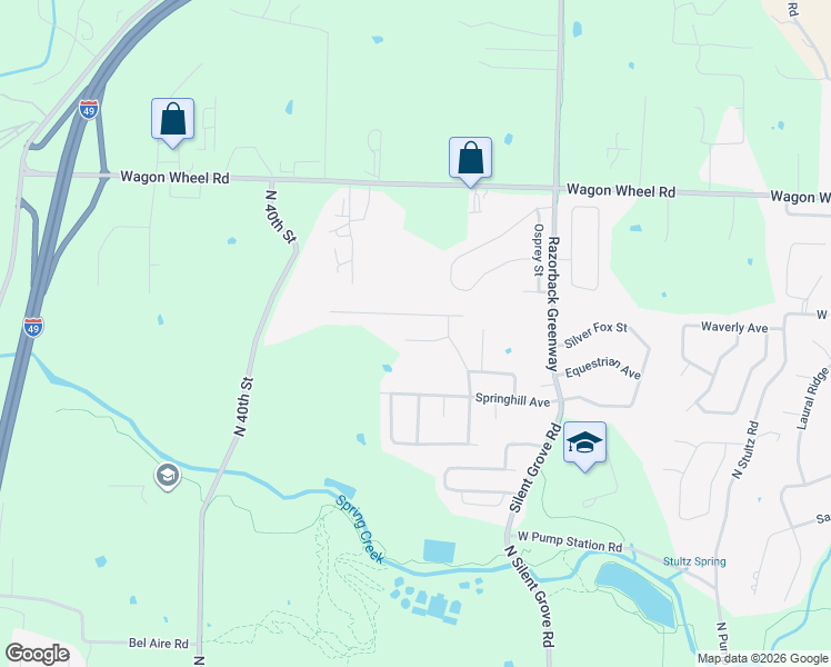 map of restaurants, bars, coffee shops, grocery stores, and more near 3281 Laurel Spring Cove in Springdale