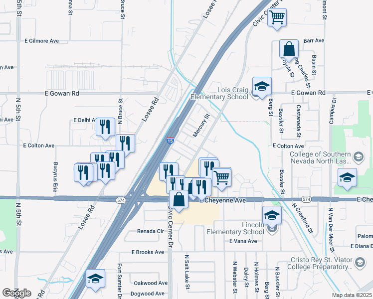 map of restaurants, bars, coffee shops, grocery stores, and more near in North Las Vegas