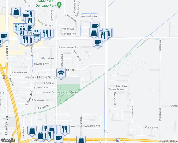 map of restaurants, bars, coffee shops, grocery stores, and more near 2001 East Cross Avenue in Tulare