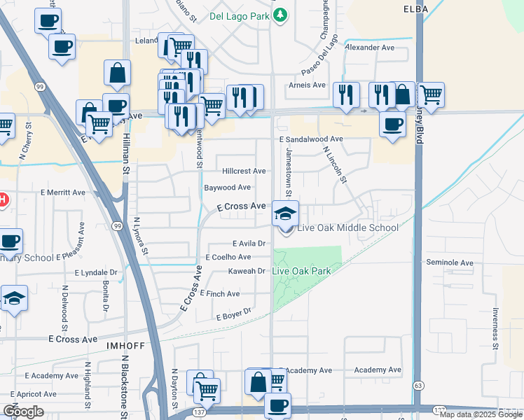 map of restaurants, bars, coffee shops, grocery stores, and more near 1700 East Ben Franklin Avenue in Tulare
