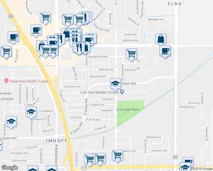 map of restaurants, bars, coffee shops, grocery stores, and more near 1574 East Ben Franklin Avenue in Tulare