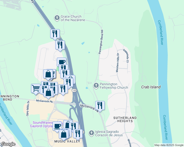 map of restaurants, bars, coffee shops, grocery stores, and more near 2733 Pennington Bend Road in Nashville