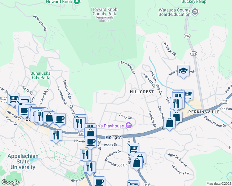 map of restaurants, bars, coffee shops, grocery stores, and more near 393 Glendale Drive in Boone
