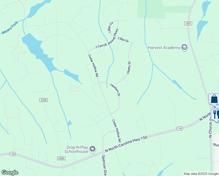 map of restaurants, bars, coffee shops, grocery stores, and more near 8215 Hunters Drive in Greensboro