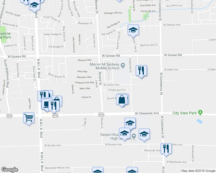 map of restaurants, bars, coffee shops, grocery stores, and more near 717 West Colton Avenue in North Las Vegas