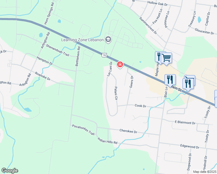 map of restaurants, bars, coffee shops, grocery stores, and more near 109 Lei Lani Drive in Lebanon