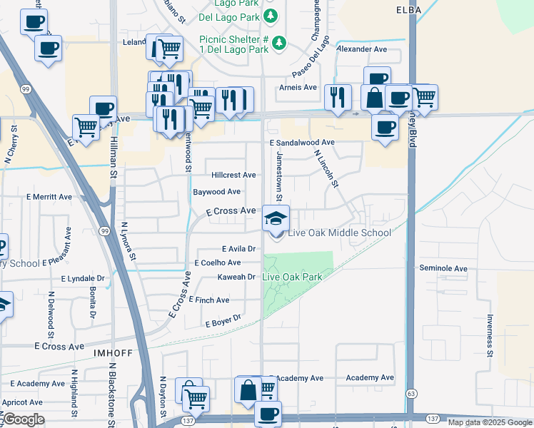 map of restaurants, bars, coffee shops, grocery stores, and more near 1703 East Cross Avenue in Tulare