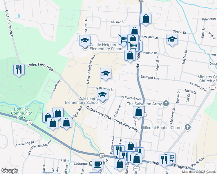 map of restaurants, bars, coffee shops, grocery stores, and more near 131 WJB Pride Lane in Lebanon