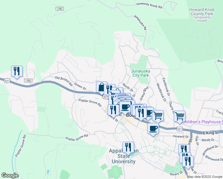 map of restaurants, bars, coffee shops, grocery stores, and more near 136 North Water Street in Boone