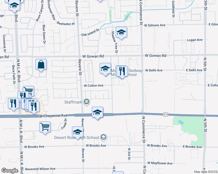 map of restaurants, bars, coffee shops, grocery stores, and more near 513 West Colton Avenue in North Las Vegas