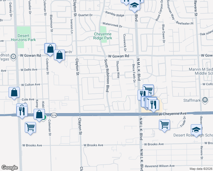 map of restaurants, bars, coffee shops, grocery stores, and more near 1826 Oak Bluffs Avenue in North Las Vegas