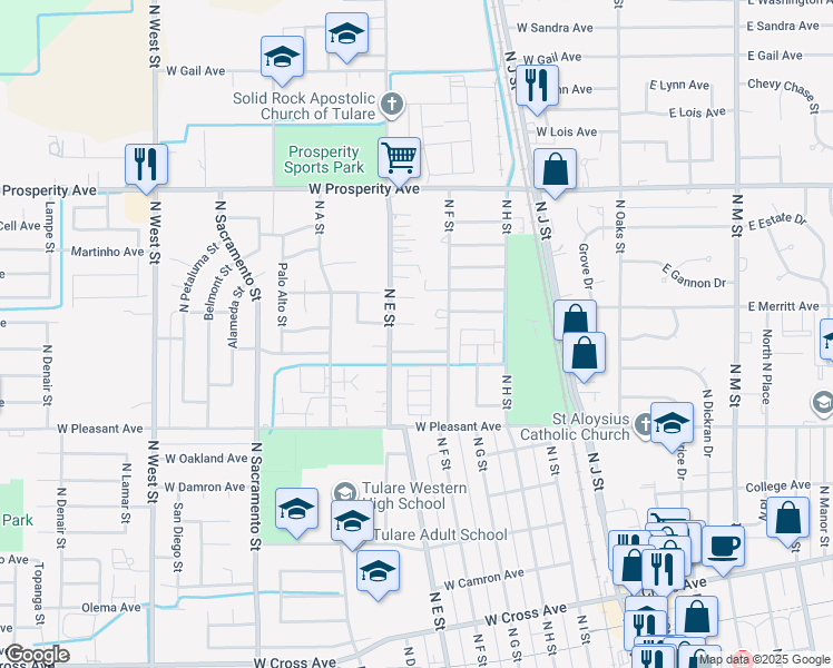 map of restaurants, bars, coffee shops, grocery stores, and more near 597 W Saratoga Ave in Tulare