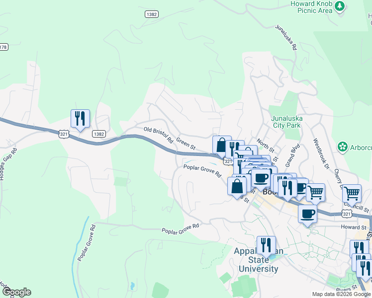 map of restaurants, bars, coffee shops, grocery stores, and more near 1041 West King Street in Boone