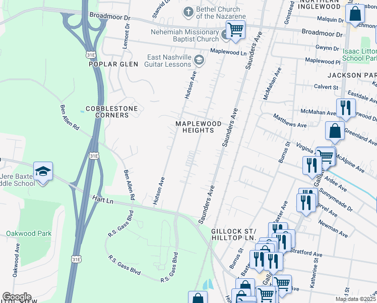 map of restaurants, bars, coffee shops, grocery stores, and more near 3848 Edwards Avenue in Nashville