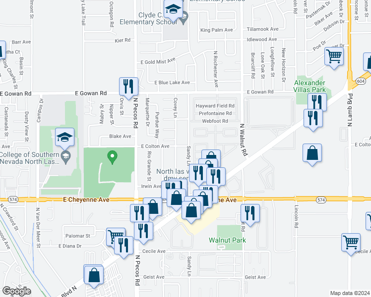 map of restaurants, bars, coffee shops, grocery stores, and more near 3693 East Colton Avenue in Las Vegas