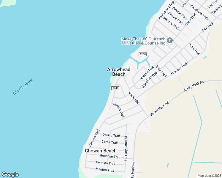 map of restaurants, bars, coffee shops, grocery stores, and more near 204 Winnebago Trail in Edenton